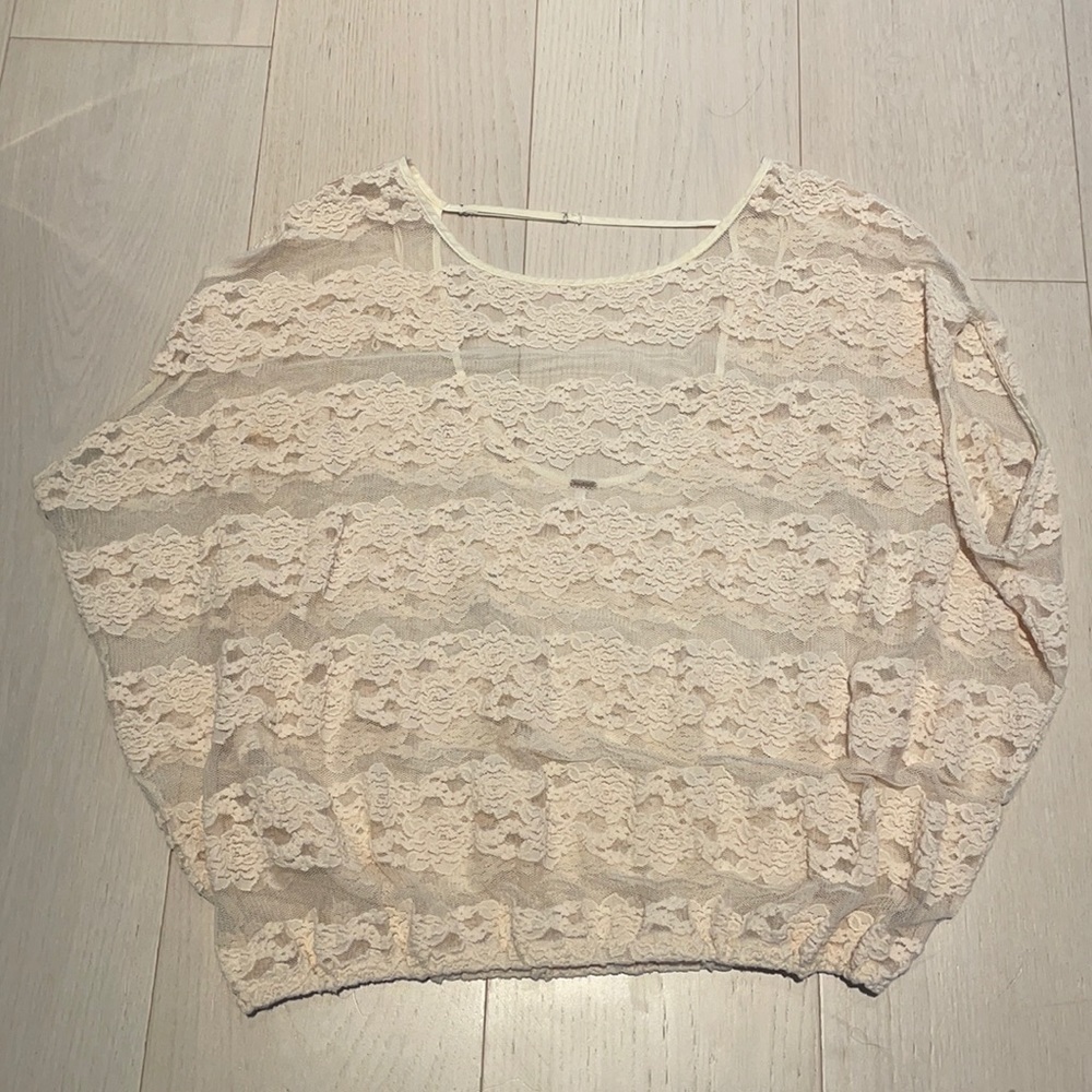 Free People Cream Sheer Lace/Mesh Short Sleeved Top Size S